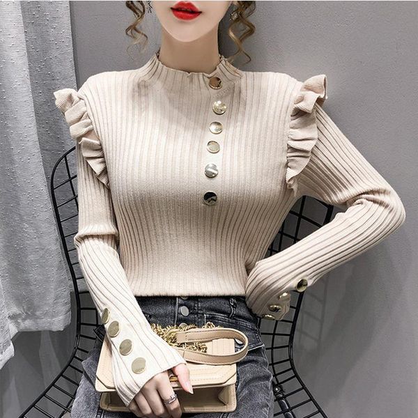 women's sweaters chic irregular button ruffles design sweater woman fall fashion elegant mock neck long sleeve knitted pullover, White;black
women's sweaters chic irregular button ruffles design sweater woman fall fashion elegant mock neck long sleeve knitted pullover, White;black