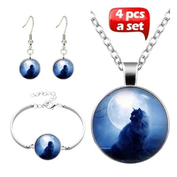 earrings & necklace 4 pcs/set glass cabochon bangle set night moon cat art picture pendant statement chain for women jewelry, Silver
earrings & necklace 4 pcs/set glass cabochon bangle set night moon cat art picture pendant statement chain for women jewelry, Silver
