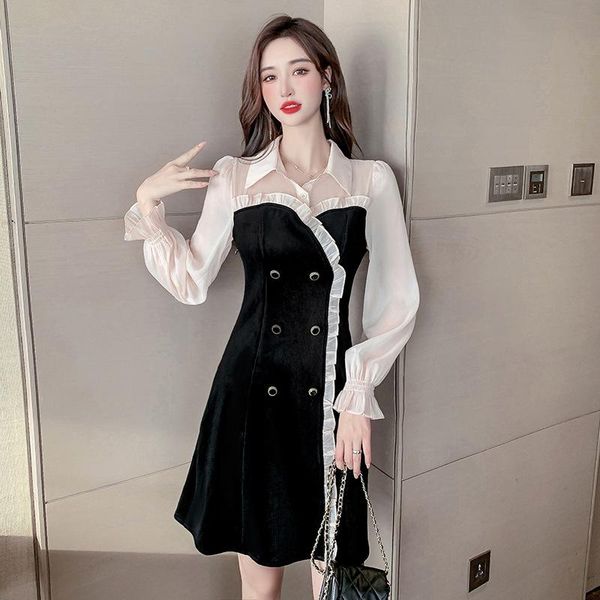 casual dresses 2021 autumn and winter fake two-piece mesh stitching corduroy a-line sweet ruffled little black dress, Black;gray
casual dresses 2021 autumn and winter fake two-piece mesh stitching corduroy a-line sweet ruffled little black dress, Black;gray