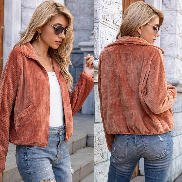 women long sleeve loose lapel jacket ribbed flannel zipper short outwear coat women's jackets, Black;brown
women long sleeve loose lapel jacket ribbed flannel zipper short outwear coat women's jackets, Black;brown