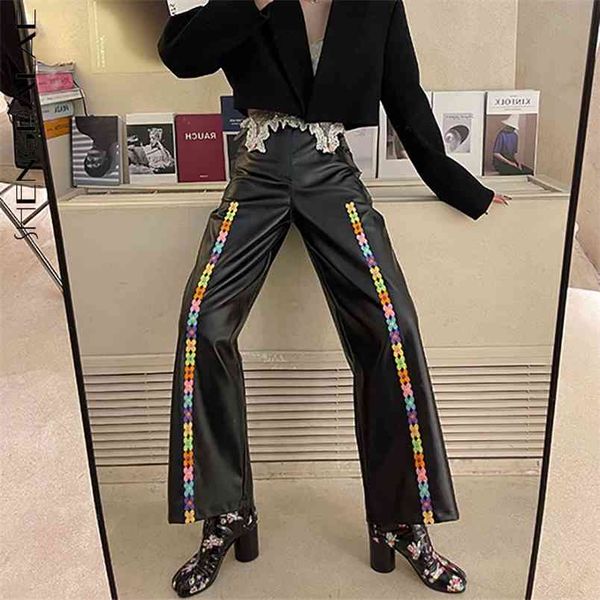 two row flower loose straight tube wide leg pants women's spring pu leather trousers female fashion 5b374 210427, Black;white
two row flower loose straight tube wide leg pants women's spring pu leather trousers female fashion 5b374 210427, Black;white
