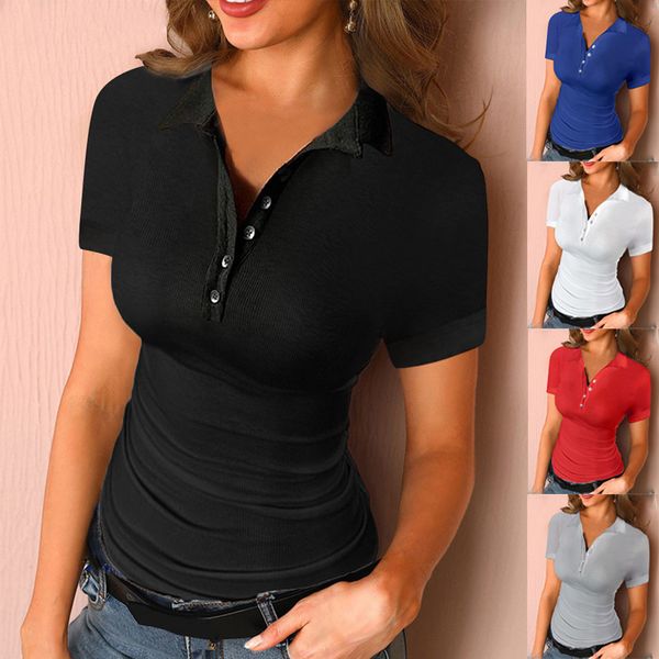 women's solid color button polo shirt collar wears short sleeve t-shirt kg-13, White;black
women's solid color button polo shirt collar wears short sleeve t-shirt kg-13, White;black
