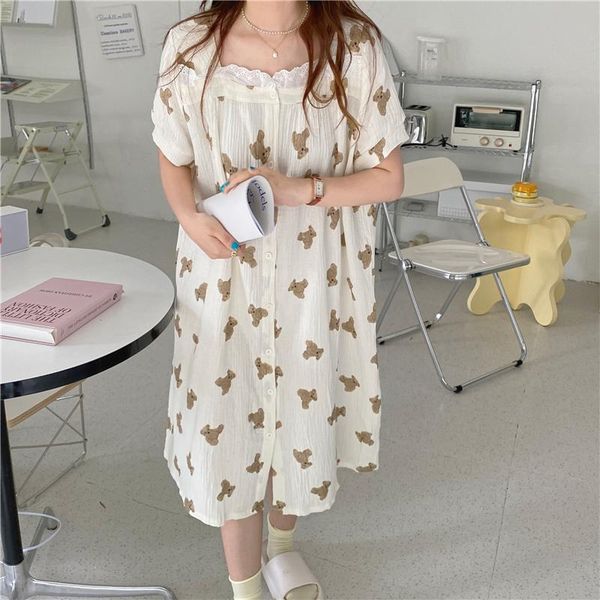 women's sleepwear cartoon print bear nightgowns lacework short sleeve summer single breasted loose cotton nightdress soft breathable ho, Black;red
women's sleepwear cartoon print bear nightgowns lacework short sleeve summer single breasted loose cotton nightdress soft breathable ho, Black;red