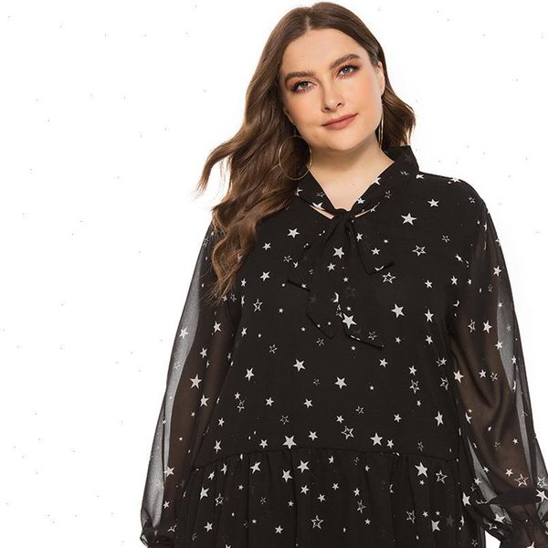 plus size chiffon summer bow women shirts tie collar long sleeve start print casual black clothing, White
plus size chiffon summer bow women shirts tie collar long sleeve start print casual black clothing, White