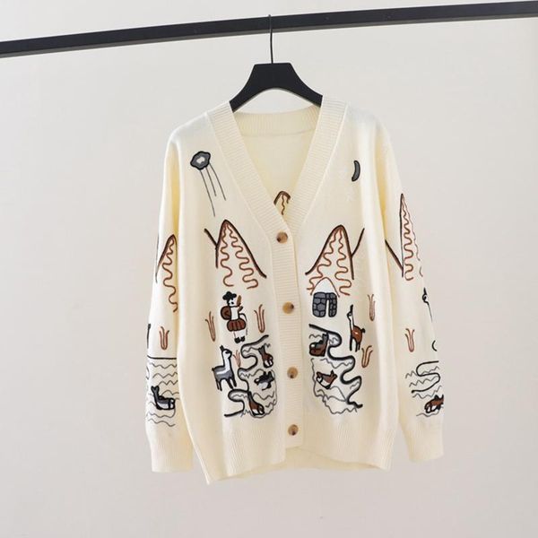 women's sweaters 2021 autumn and winter v-neck heavy industry embroidery children's fun loose large size long-sleeved knitted card, White;black
women's sweaters 2021 autumn and winter v-neck heavy industry embroidery children's fun loose large size long-sleeved knitted card, White;black