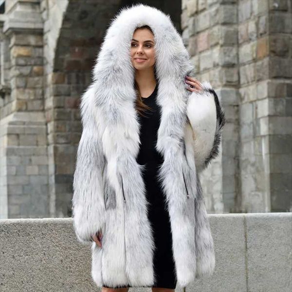 women's fur & faux fursarcar 2021 90cm long real natrual cross jacket with hood thick fashion luxurious women winter coat, Black
