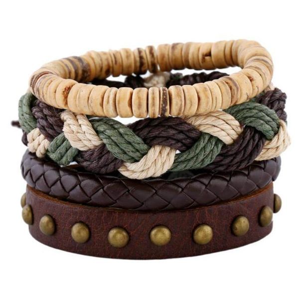 link, chain 4pcs / set rivet wood beads wax rope leather braided bracelet simple multilayer ethnic wind, Black
link, chain 4pcs / set rivet wood beads wax rope leather braided bracelet simple multilayer ethnic wind, Black