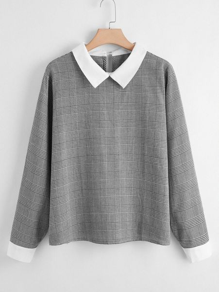 plus plaid contrast collar keyhole back blouse j8ig#, Black
plus plaid contrast collar keyhole back blouse j8ig#, Black