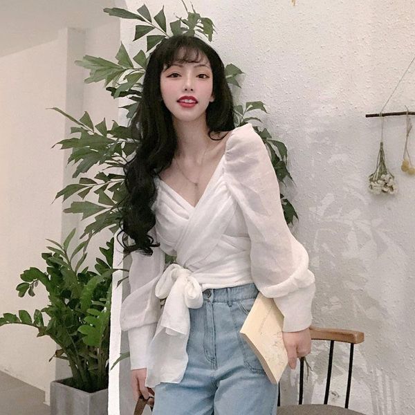 women's blouses & shirts korean fashion clothing v-neck bow criss patchwork womens and casual style 2021, White
women's blouses & shirts korean fashion clothing v-neck bow criss patchwork womens and casual style 2021, White