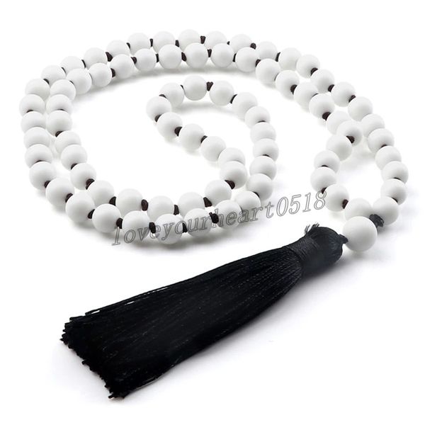 8mm matte white porcelain mala necklace natural stone beads black tassel necklaces handmade knotted yoga charm women men jewelry, Silver
8mm matte white porcelain mala necklace natural stone beads black tassel necklaces handmade knotted yoga charm women men jewelry, Silver
