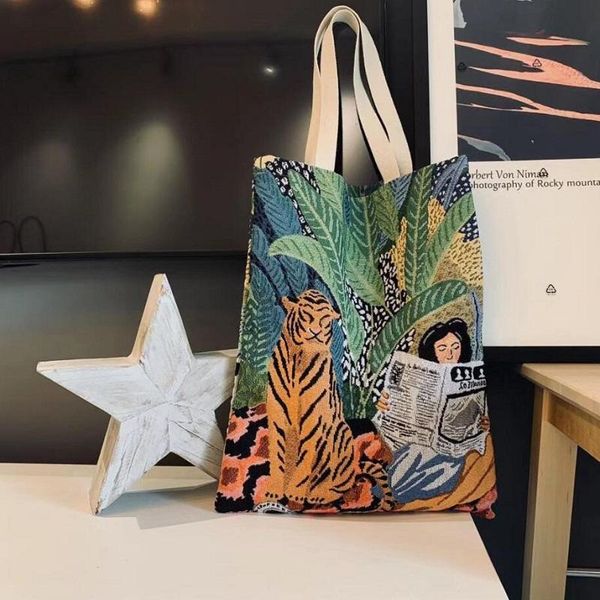 reusable shopping bag jacquard canvas large folding tote tiger and reading girl bags
reusable shopping bag jacquard canvas large folding tote tiger and reading girl bags