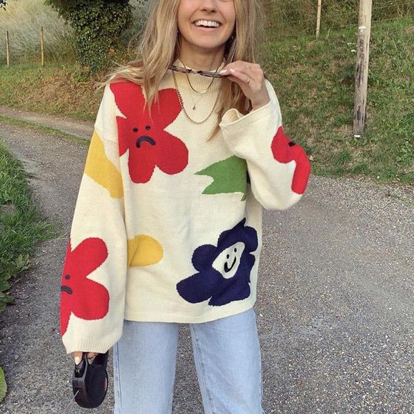 women's sweaters 2021 floral painting sweater pullovers women round neck casual knitting jumpers, White;black
women's sweaters 2021 floral painting sweater pullovers women round neck casual knitting jumpers, White;black
