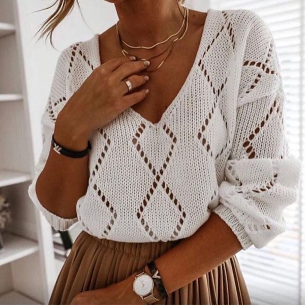 women's sweaters women casual autumn knitted sweater long sleeve v neck pullover loose hollow out knitwear elegant ladies clothes, White;black
women's sweaters women casual autumn knitted sweater long sleeve v neck pullover loose hollow out knitwear elegant ladies clothes, White;black
