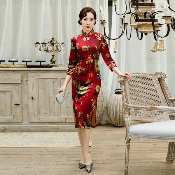3/4 sleeve print velour lady cheongsam straight dress elegant slim oversize 5xl qipao skirt spring autumn long chinese gown ethnic clothing, Red
3/4 sleeve print velour lady cheongsam straight dress elegant slim oversize 5xl qipao skirt spring autumn long chinese gown ethnic clothing, Red