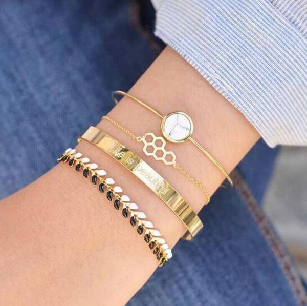 link, chain minimalist 4pcs set personality hexagon trendy joker multielement bracelet adjustable opening bangle bijoux jewelry gift b3162, Black
link, chain minimalist 4pcs set personality hexagon trendy joker multielement bracelet adjustable opening bangle bijoux jewelry gift b3162, Black