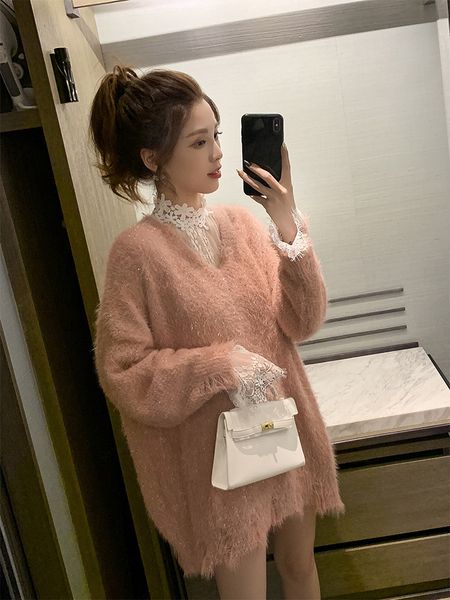 sweater knit 2021 autumn winter korean loose v-neck lazy wind long imitation mink for women, White;black
sweater knit 2021 autumn winter korean loose v-neck lazy wind long imitation mink for women, White;black