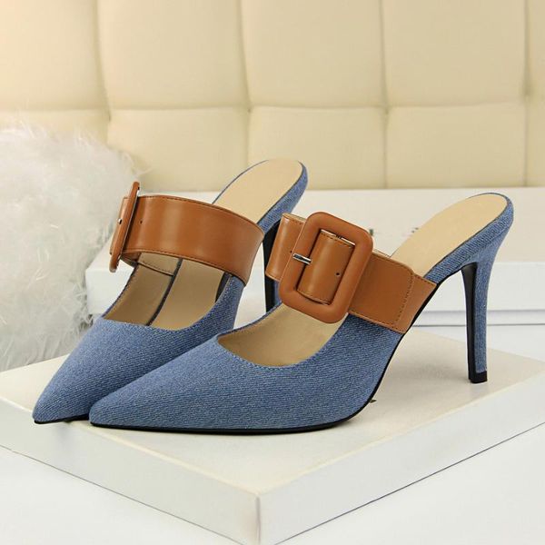 slippers 2021 women 9.5cm high heels blue denim slides female summer pointed toe mules buckle lady slip on sandals shoes, Black
slippers 2021 women 9.5cm high heels blue denim slides female summer pointed toe mules buckle lady slip on sandals shoes, Black