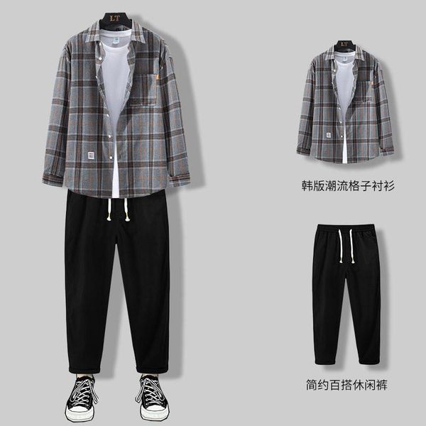 men's tracksuits men casual sweat suits matching sets spring autumn fashion plaid shirt ropa hombre clothing bc50tz, Gray 
men's tracksuits men casual sweat suits matching sets spring autumn fashion plaid shirt ropa hombre clothing bc50tz, Gray