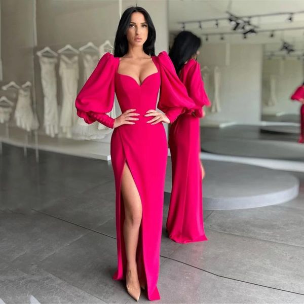 party dresses fuchsia long puffy sleeves evening slit side soft elastic satin prom gown special occasion gowns 2021, White;black
party dresses fuchsia long puffy sleeves evening slit side soft elastic satin prom gown special occasion gowns 2021, White;black