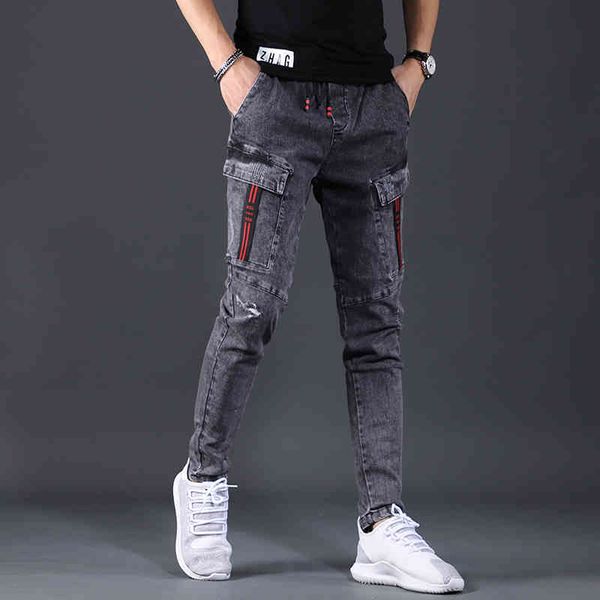 men's jeans summer cargo pants stretch fashion slim fit elastic waist korean style casual dark gray denim trousers 497v, Blue
men's jeans summer cargo pants stretch fashion slim fit elastic waist korean style casual dark gray denim trousers 497v, Blue