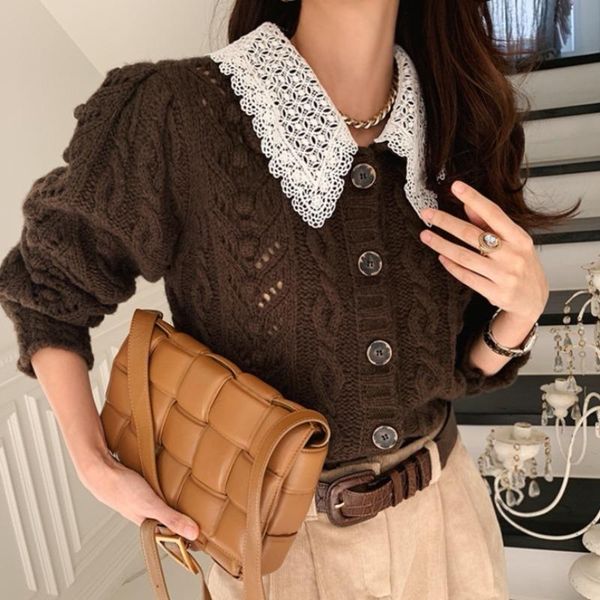 women's knits & tees korea retro temperament lace lapel stitching heavy industry twist single-breasted long-sleeved knitted cardigan sw, White
women's knits & tees korea retro temperament lace lapel stitching heavy industry twist single-breasted long-sleeved knitted cardigan sw, White