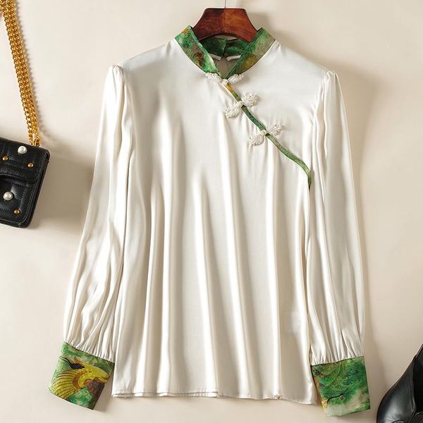 women's blouses & shirts chinese style vintage shirt elegant mandarin collar long sleeve loose woman real silk femlae blouse, White
women's blouses & shirts chinese style vintage shirt elegant mandarin collar long sleeve loose woman real silk femlae blouse, White