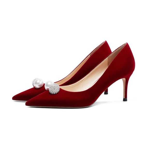 wedding shoes noble red high-heeled women's bride pearl dress, Black
