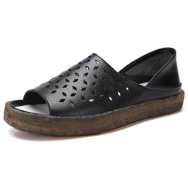 summer fashion genuine leather flats shoes for women white sandals woman waterproof ladies beach sliders 44 plus size, Black