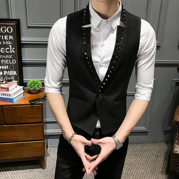 men's vests yasuguoji 2021 punk style rivet male vest fashion v-neck one button black men slim fit mens suit waistcoat, Black;white
men's vests yasuguoji 2021 punk style rivet male vest fashion v-neck one button black men slim fit mens suit waistcoat, Black;white