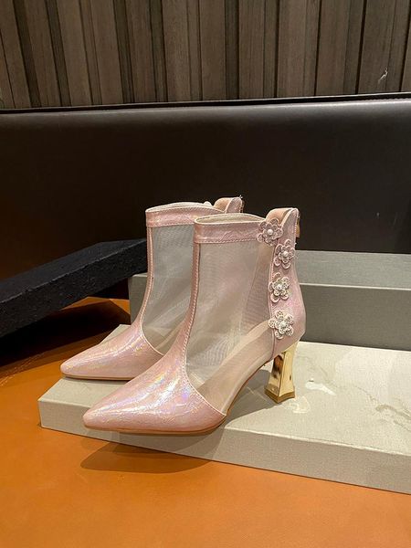 boots mesh hollow solid color ladies summer fashion square heel zipper temperament high-heeled single boots., Black
boots mesh hollow solid color ladies summer fashion square heel zipper temperament high-heeled single boots., Black