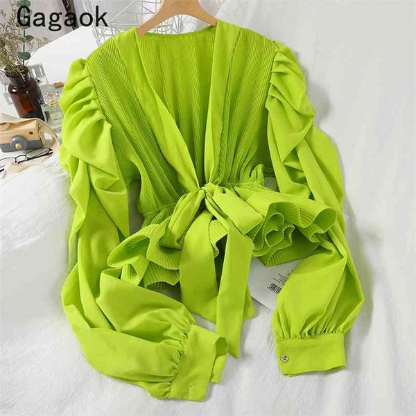 women high street shirt spring autumn solid v-neck bandage puff sleeve slim chic wild korean and blouses 210531, White
women high street shirt spring autumn solid v-neck bandage puff sleeve slim chic wild korean and blouses 210531, White