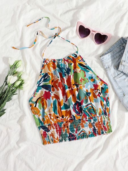 floral print tied backless shirred s84h#, White
floral print tied backless shirred s84h#, White