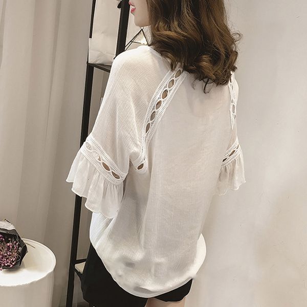 women summer chiffon blouse lace hollow shirts flare 3/4 sleeve office clothing ks-, White