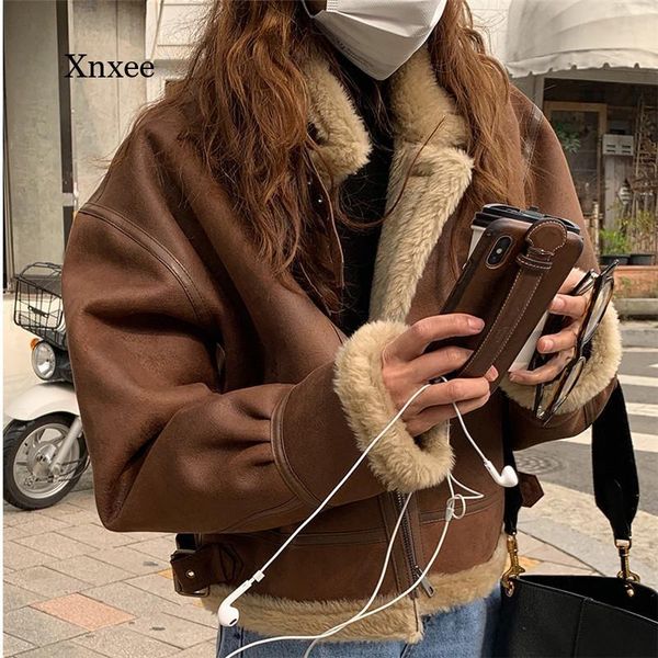 women's leather & faux winter wool fleece patchwork jacket padded fur pu short coat women loose streetwear retro, Black
women's leather & faux winter wool fleece patchwork jacket padded fur pu short coat women loose streetwear retro, Black