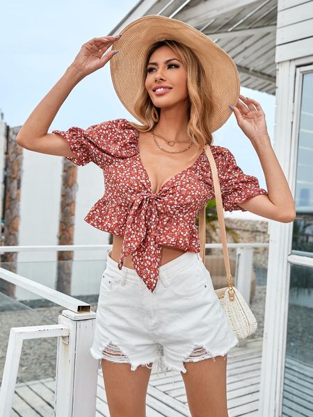women's blouses & shirts summer women short sleeves v-neck floral print blouse tied low-cut flounce shirt fashion slim crop expose, White
women's blouses & shirts summer women short sleeves v-neck floral print blouse tied low-cut flounce shirt fashion slim crop expose, White