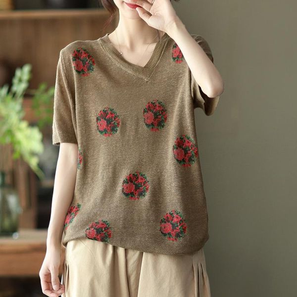 women's t-shirt vintage print tshirts women summer loose v-neck collar female knit linen tees fashion wild, White
women's t-shirt vintage print tshirts women summer loose v-neck collar female knit linen tees fashion wild, White