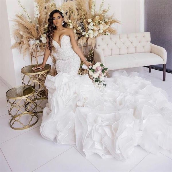 arabic sweetheart mermaid wedding dress beading sleeveless ruffles train bridal gowns plus size luxury vestido de novia, White
arabic sweetheart mermaid wedding dress beading sleeveless ruffles train bridal gowns plus size luxury vestido de novia, White