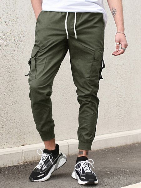 men contrast tape buckled flap pocket side drawstring waist pants 500d#, Black
men contrast tape buckled flap pocket side drawstring waist pants 500d#, Black