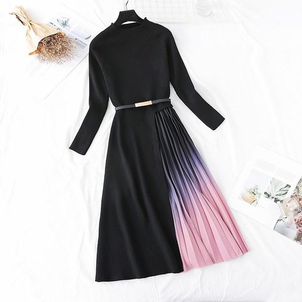 elegant slim midi-long dress long sleeve pullover round neck knitted splice pleated women black with sashes dresses casual, Black;gray
elegant slim midi-long dress long sleeve pullover round neck knitted splice pleated women black with sashes dresses casual, Black;gray