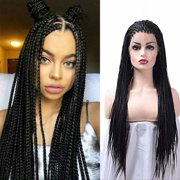 synthetic wigs 22-26 inches 13*4 lace front wig cornrow braids frontal braided natural black 613 wine red for women box