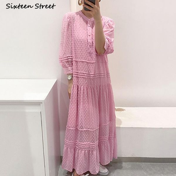 elegant pink dress woman o-neck single-breasted maxi vestido dresses polka dot vintage loose long spring 2021 casual, Black;gray 
elegant pink dress woman o-neck single-breasted maxi vestido dresses polka dot vintage loose long spring 2021 casual, Black;gray