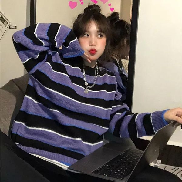 women's sweaters harajuku casual all-match purple striped knitted women sweater kpop street preppy daily pullover loose jumper female c, White;black
women's sweaters harajuku casual all-match purple striped knitted women sweater kpop street preppy daily pullover loose jumper female c, White;black