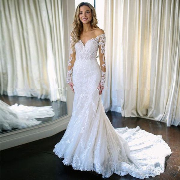 off shoulder long sleeves lace mermaid wedding dresses appliqued sweep train v neck plus size tulle bridal gowns, White
off shoulder long sleeves lace mermaid wedding dresses appliqued sweep train v neck plus size tulle bridal gowns, White
