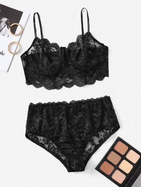 plus flower lace scallop trim underwire lingerie set d4fh#, Black;white