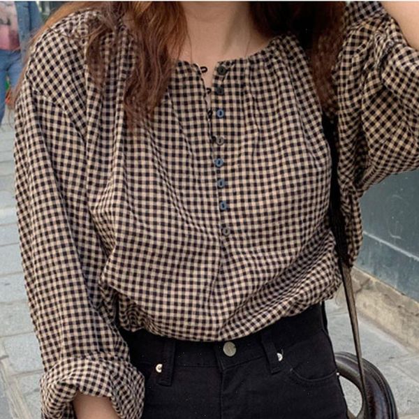 women womens retro simple brown loose breasted o neck plaid long sleeve casual t shirt drop good quality, White
women womens retro simple brown loose breasted o neck plaid long sleeve casual t shirt drop good quality, White