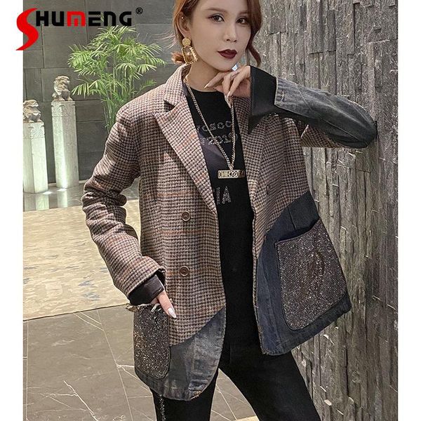women's suits & blazers woman office retro rhinestone plaid diamond 2021 fall european fashion long sleeve stitching denim for women, White;black
women's suits & blazers woman office retro rhinestone plaid diamond 2021 fall european fashion long sleeve stitching denim for women, White;black