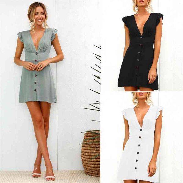 dresses arrival women summer deep v-neck short ruffle sleeve waist tightening mini dress beach party with button, White;black
dresses arrival women summer deep v-neck short ruffle sleeve waist tightening mini dress beach party with button, White;black
