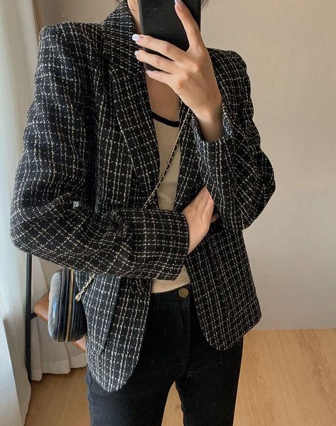 women's wool & blends women autumn slim plaid tweed blazer jacket 2021 arrivals, Black
women's wool & blends women autumn slim plaid tweed blazer jacket 2021 arrivals, Black