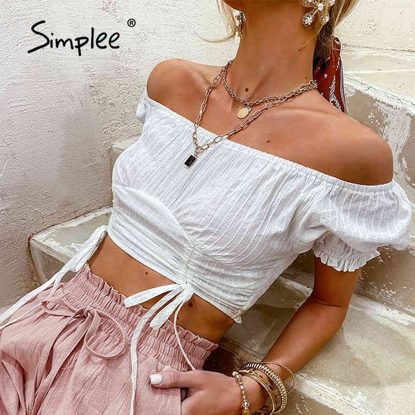 pure color drawstring puff sleeves off shoulder blouse woman summer slim white crop female 210414
pure color drawstring puff sleeves off shoulder blouse woman summer slim white crop female 210414