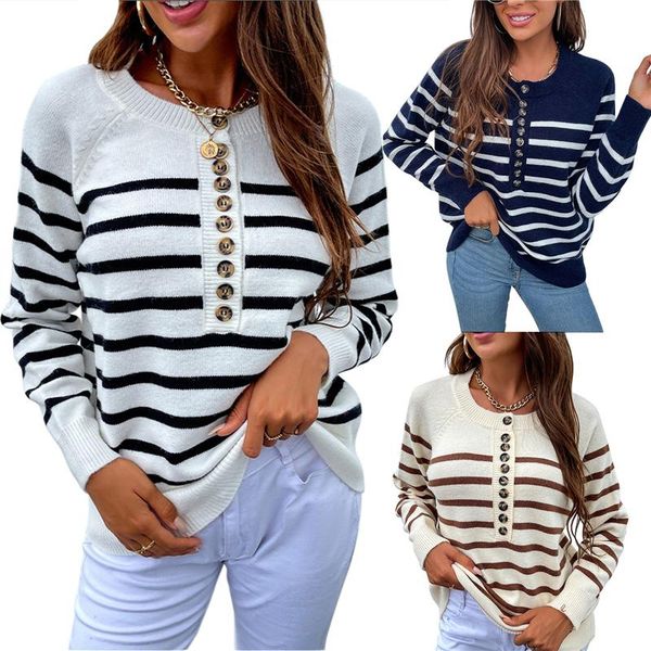 women's sweaters women stylish striped print long sleeve round neck button front loose knit pullovers white/black/navy blue/apricot s-x
women's sweaters women stylish striped print long sleeve round neck button front loose knit pullovers white/black/navy blue/apricot s-x